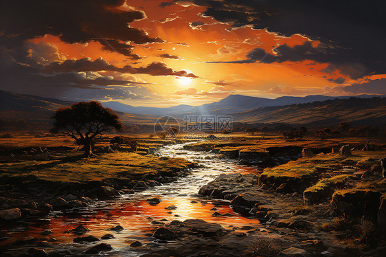 夕阳余晖里的山谷河流图片