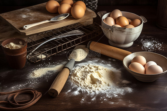 厨房里的面粉的鸡蛋图片
