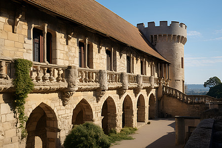 古堡中的钟楼和石墙图片