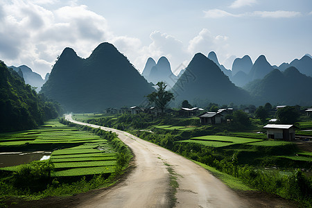 小村庄旁一条泥土路图片