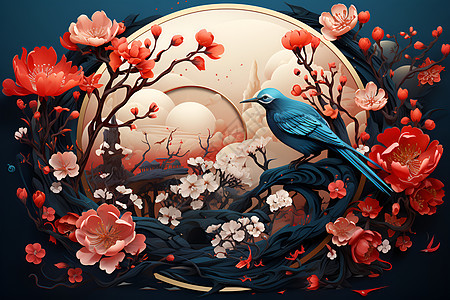 蓝鸟栖息于花枝上图片
