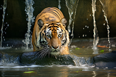 瀑布中捕食的老虎图片