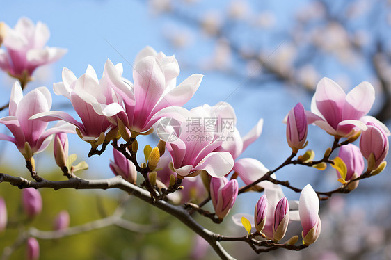 春季花园中绽放的木兰花花朵图片
