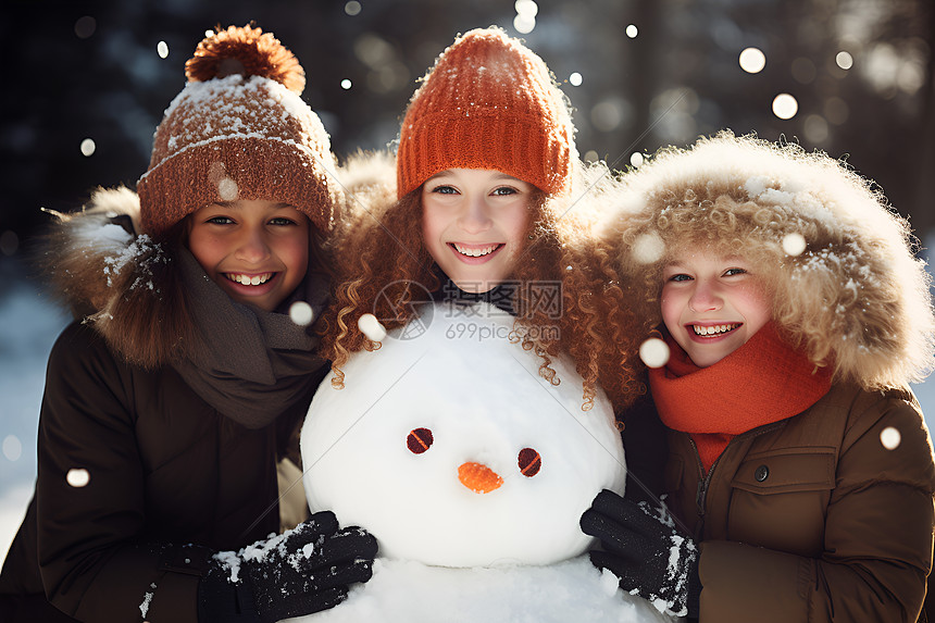 三个女孩与雪人合影图片