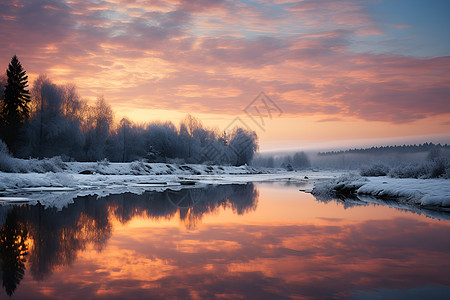 冬日河岸旁的风景高清图片
