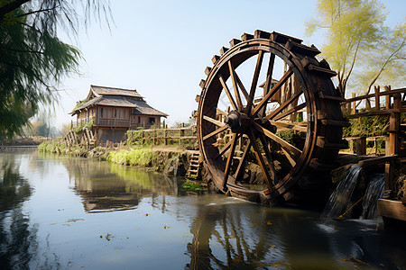 农村工具江畔的水车背景