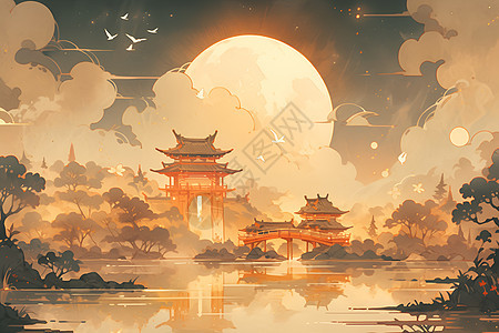 中式风格的山水画背景图片