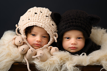 可爱的双胞胎姐妹在毛绒篮子背景图片
