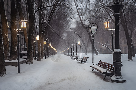 雪夜公园里的长椅高清图片