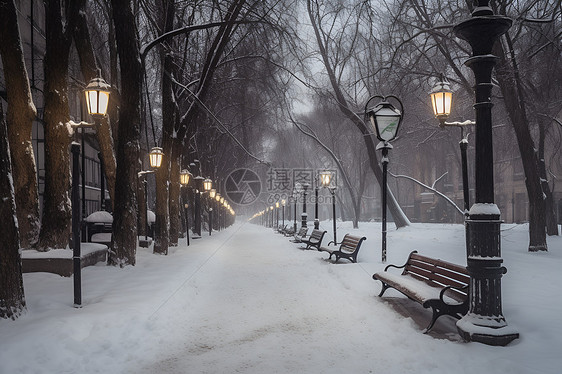 雪夜公园里的长椅图片