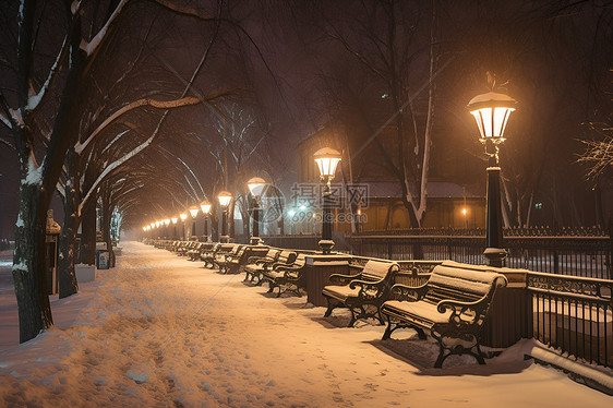 雪夜灯光下的一排长椅图片