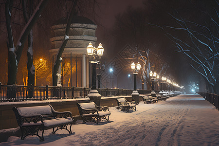 冬夜雪景寒冷中的公园图片