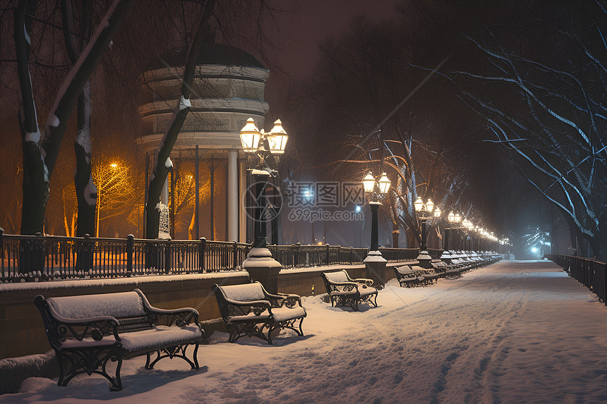 冬夜雪景寒冷中的公园图片