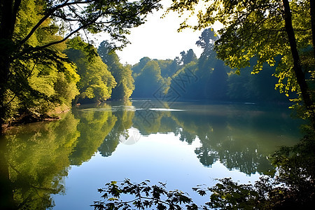 绿叶丛林中的湖水图片