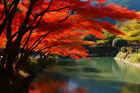 河流旁树木的红叶图片