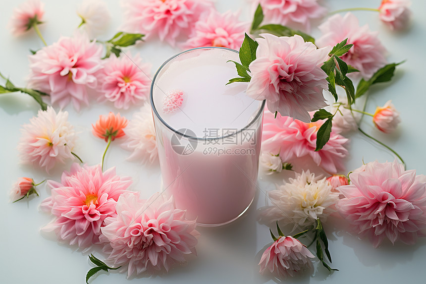 粉色花朵簇拥下的牛奶图片