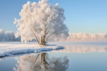 雪冰冰湖上的孤树背景