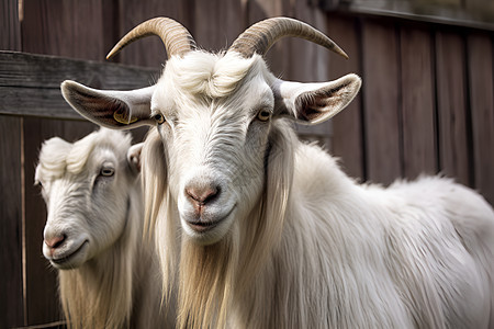 乡村牧场上的两只长角山羊图片