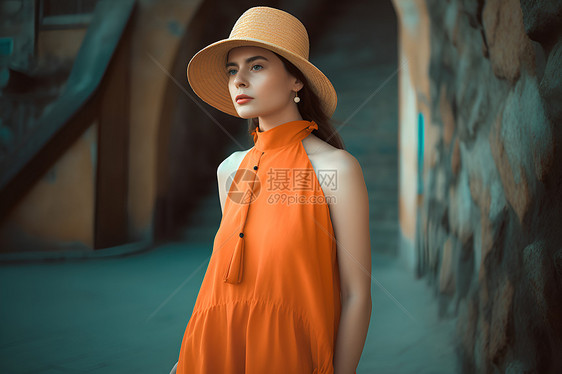 橙色连衣裙的女子图片