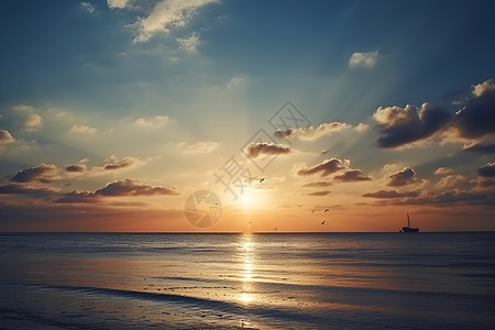 日落时一艘小船在水面上图片