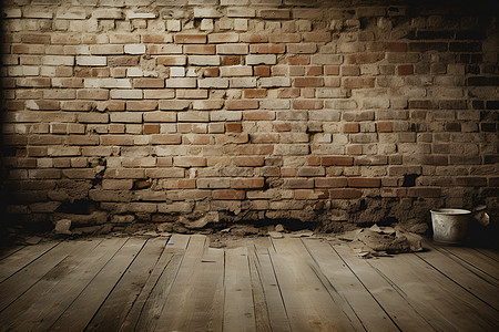 杂乱的室内、木质地板和砖墙的房间背景