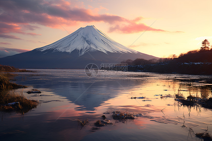 冬日夕阳下的冰封湖景图片