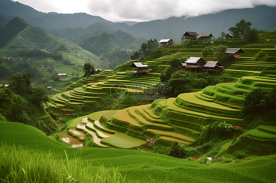 山谷和村庄的远景图片