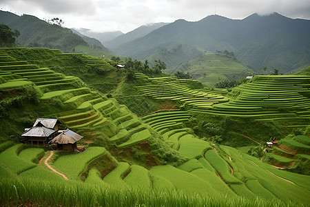 巅立在田野中的茅草屋图片