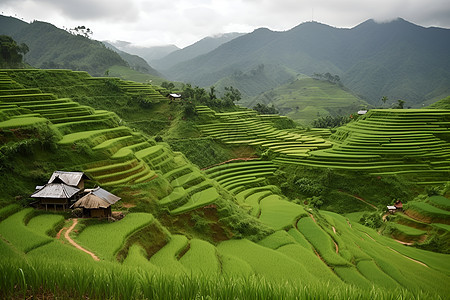 巅立在田野中的茅草屋背景图片