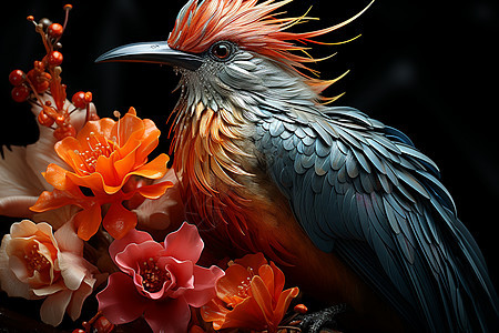 鸟类依偎在花朵边图片