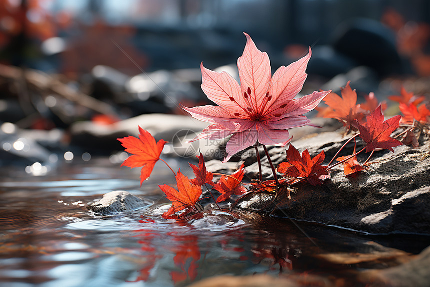 水中的红枫叶图片