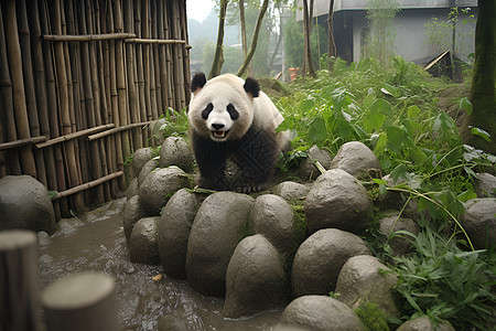 岩石上的熊猫图片