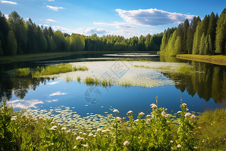 树木绿草围绕的湖泊图片