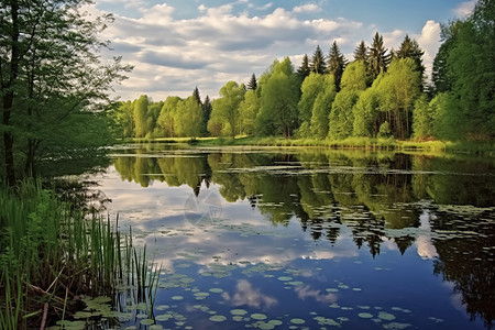湖泊和树林背景图片
