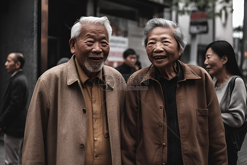 街道上微笑的老年夫妻图片