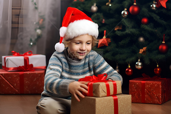 小男孩在圣诞树下图片