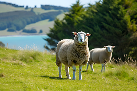 翠绿湖畔的绵羊背景图片