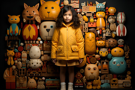 玩具墙前的黄外套小女孩图片