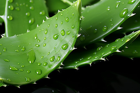 水滴覆盖的芦荟叶背景图片