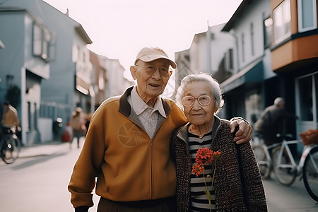 老夫妇站在街头上背景图片