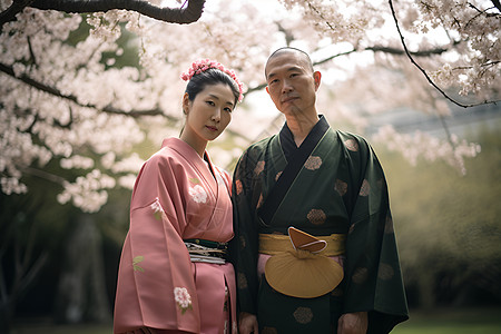 樱花树下的男女穿着传统服装图片