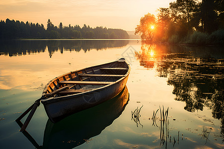 森林背景水中的小船背景