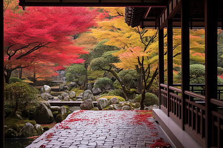 红叶庭园中的秋色名胜背景图片
