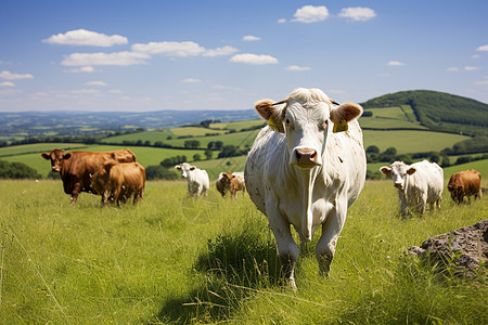 牛群站在青草山坡上图片