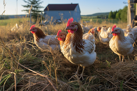 鸡群游荡于农场草地中图片
