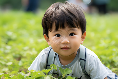 绿植物阳光下的快乐男孩背景