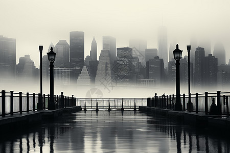 城市码头迷雾中的城市插画