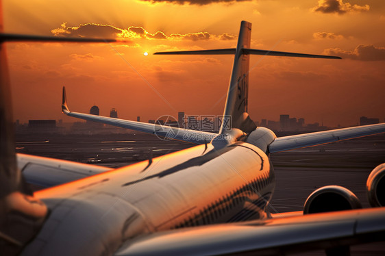 夕阳下的飞机图片