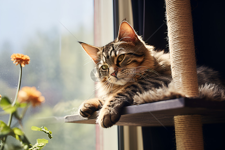 窗前猫咪在享受阳光图片