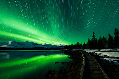 星空下的绿色北极光图片